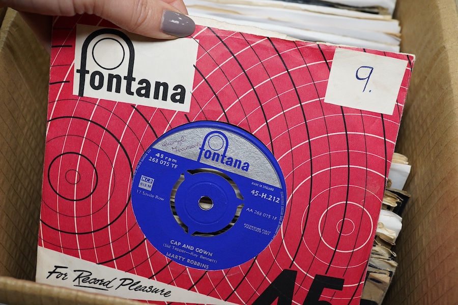 Four boxes of 7 inch singles, all on Pye, Philips and Fontana record labels, artists include; Marty Robbins, Wayne Fontana, The Pretty Things, the Troggs, the Merseys, Manfred Mann, the Herd, the Silkie, The Merseybeats,